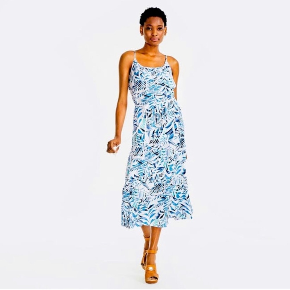 Nautica Blue Leaf Print Belted Strap Tank Long Maxi Dress